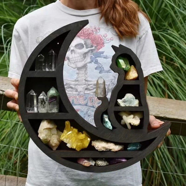 Large Black Cat Wooden Crystal Display Shelf