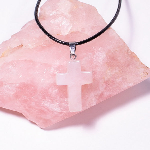 Cross Gemstone Pendant with Necklace - Rose Quartz