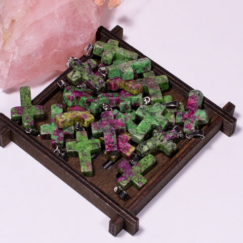 Cross Gemstone Pendant with Necklace - Ruby Zoisite