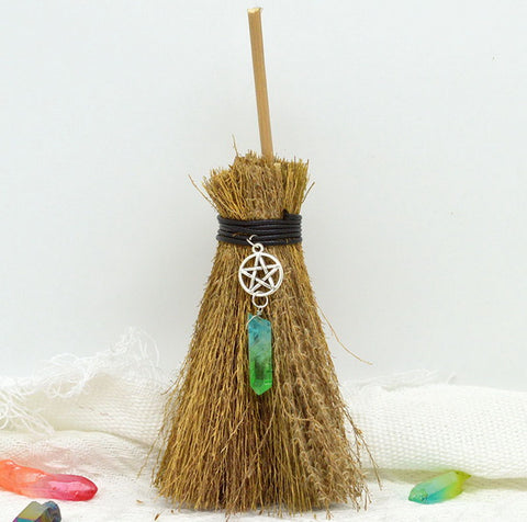 Mini Witch Altar Broom with Natural Crystal Pendant