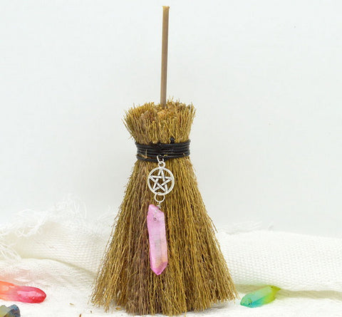 Mini Witch Altar Broom with Natural Crystal Pendant