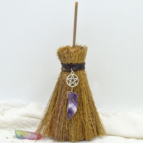 Mini Witch Altar Broom with Natural Crystal Pendant