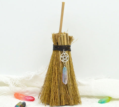 Mini Witch Altar Broom with Natural Crystal Pendant