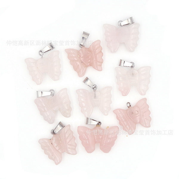 Butterfly Gemstone Pendant with Necklace - Rose Quartz