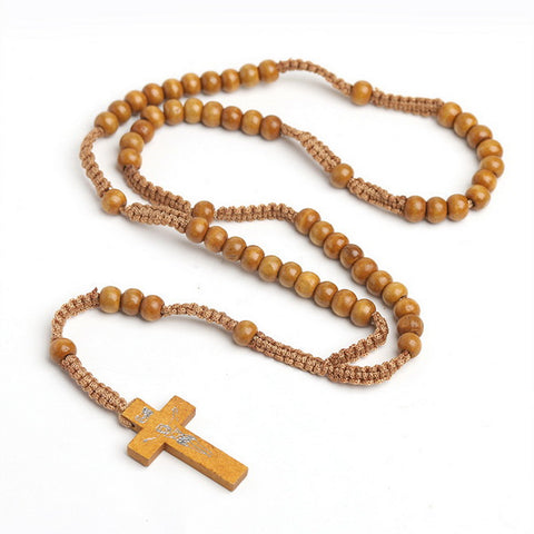 Wood Beads String Rosary Cross Necklace