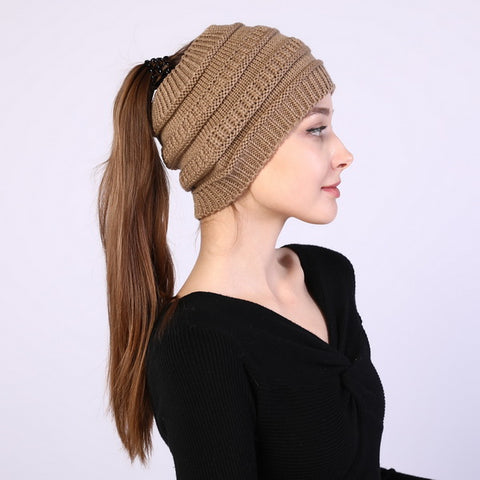 Women Stretch Ponytail Bun Beanie