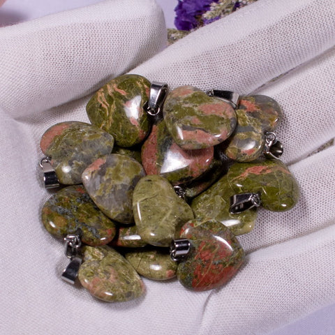 Heart Gemstone Pendant with Necklace - Unakite