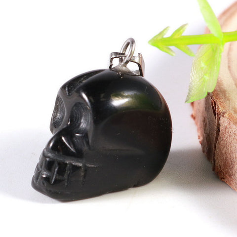 Skull Gemstone Pendant with Necklace - Obsidian