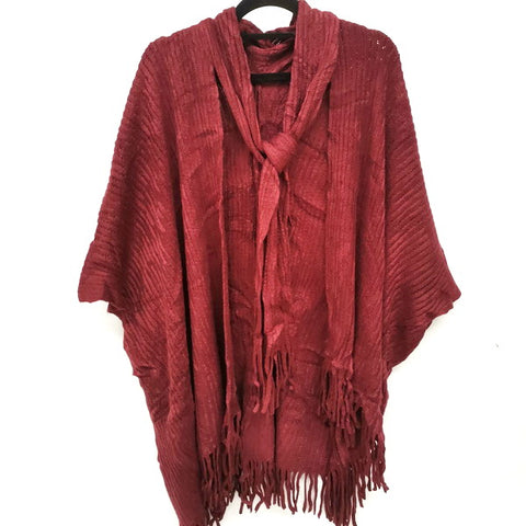 Women Free Size Knitted Poncho with Decoration Scarf